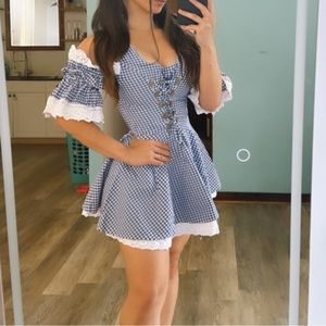 Vintage Dirndl Blue White Dress Size XS/36 Mini Dress Crochet Short Sleeve